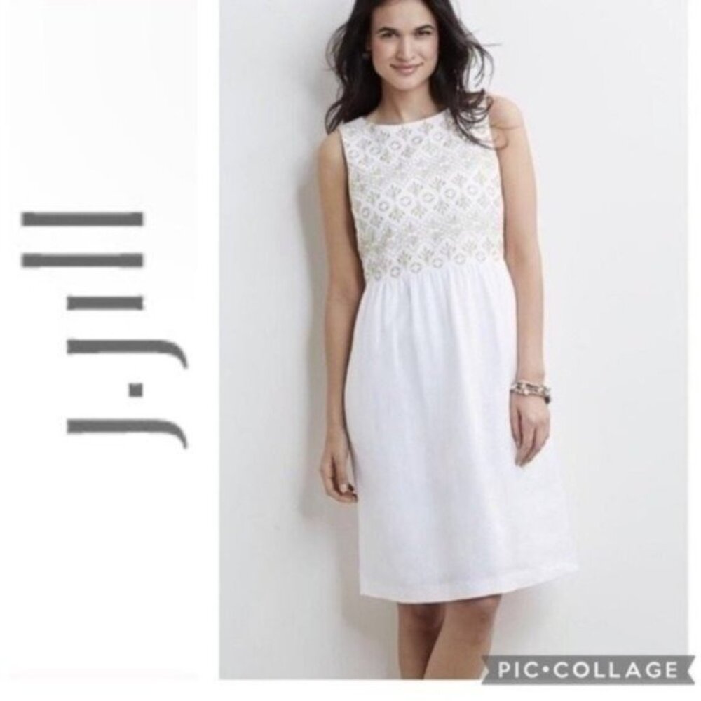 JJill Linen White Summer Embroidered Floral Dress